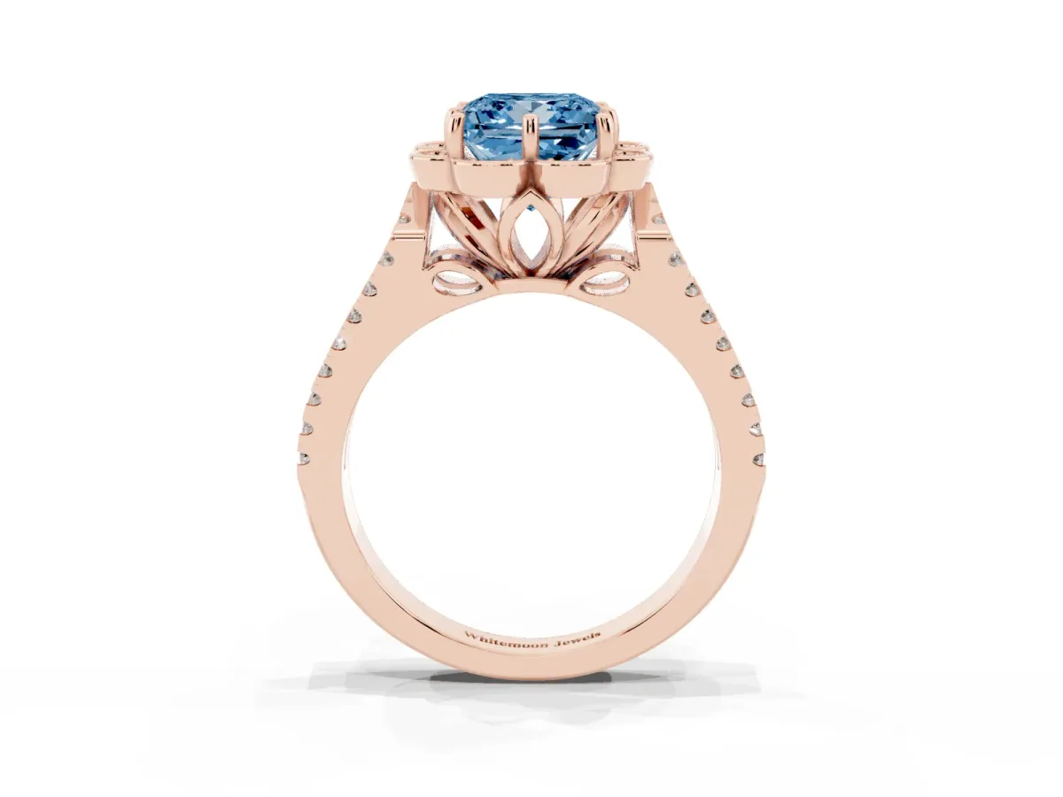 Fancy Blue Princess Cut Halo Diamond Floral Split Shank Engagement Ring Rose gold