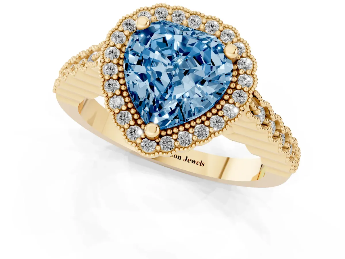 Fancy Blue Heart Cut Cut Halo Pavé Solitaire Ring with Milgrain Band Yellow gold