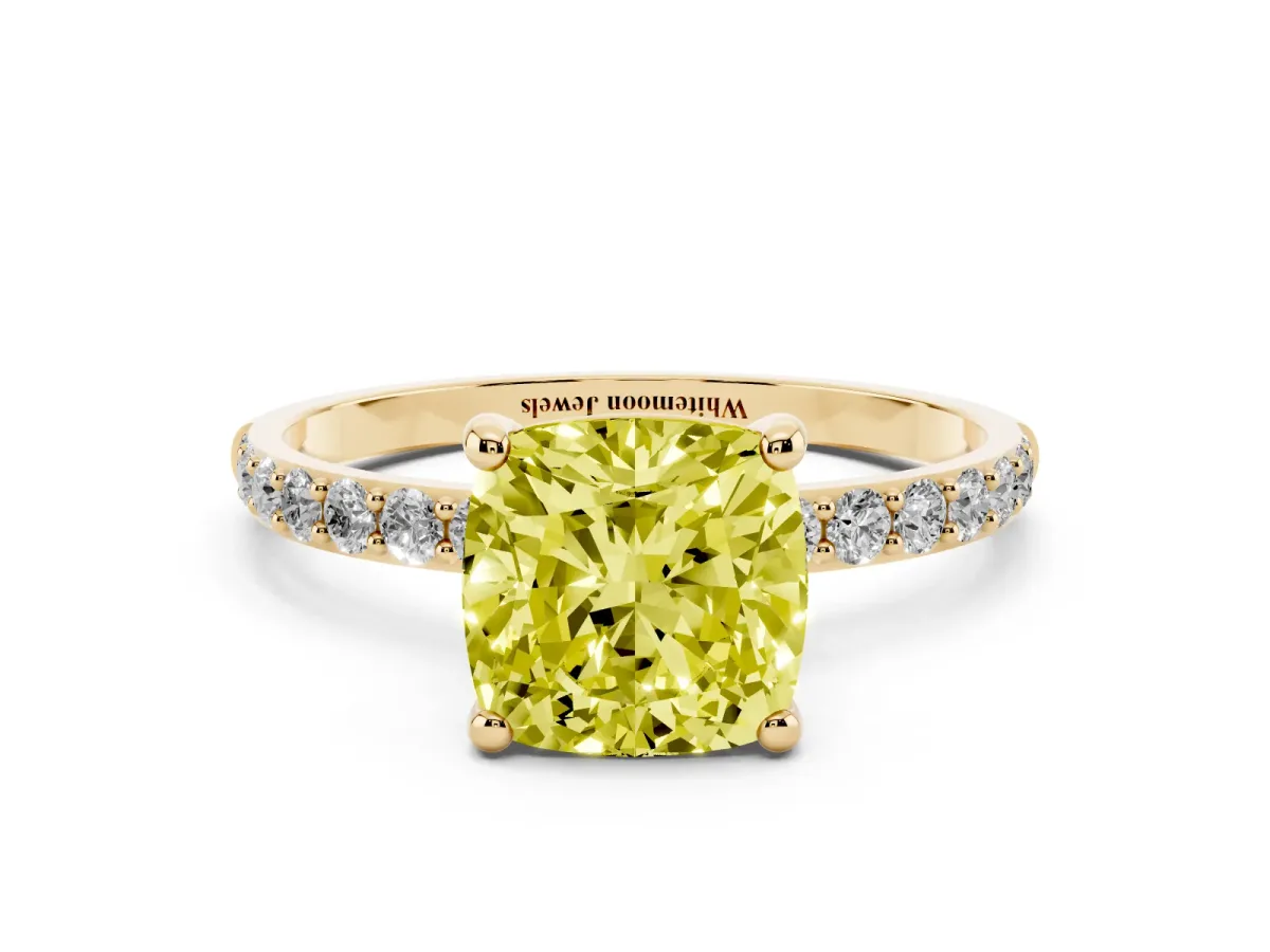 Fancy Yellow Cushion Cut Diamond Solitaire Ring with Round Pavé Band and Prong Setting Yellow gold