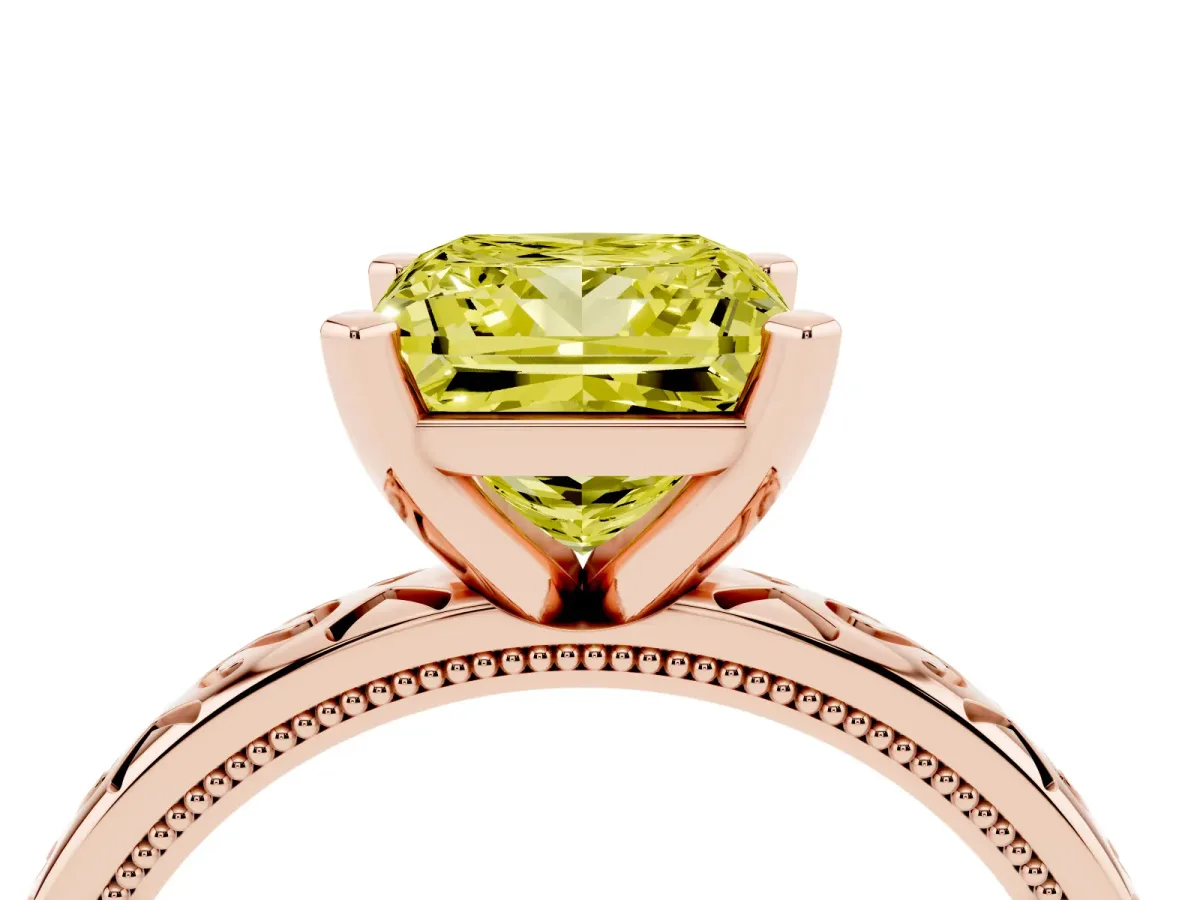 Fancy Yellow Princess Cut Solitaire Engagement Ring with Scrollwork Band and Four-Prong Setting Rose gold