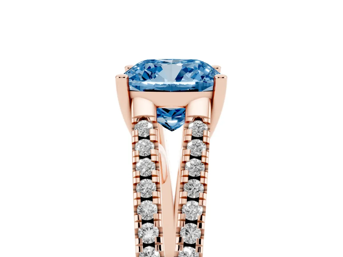 Fancy Blue Cushion Cut Diamond Solitaire Engagement Ring with Split Shank Pavé Band Rose gold