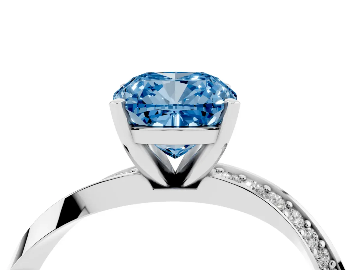 Fancy Blue Cushion Cut Diamond Engagement Ring with Side Stone Accents and Four-Prong Setting White gold