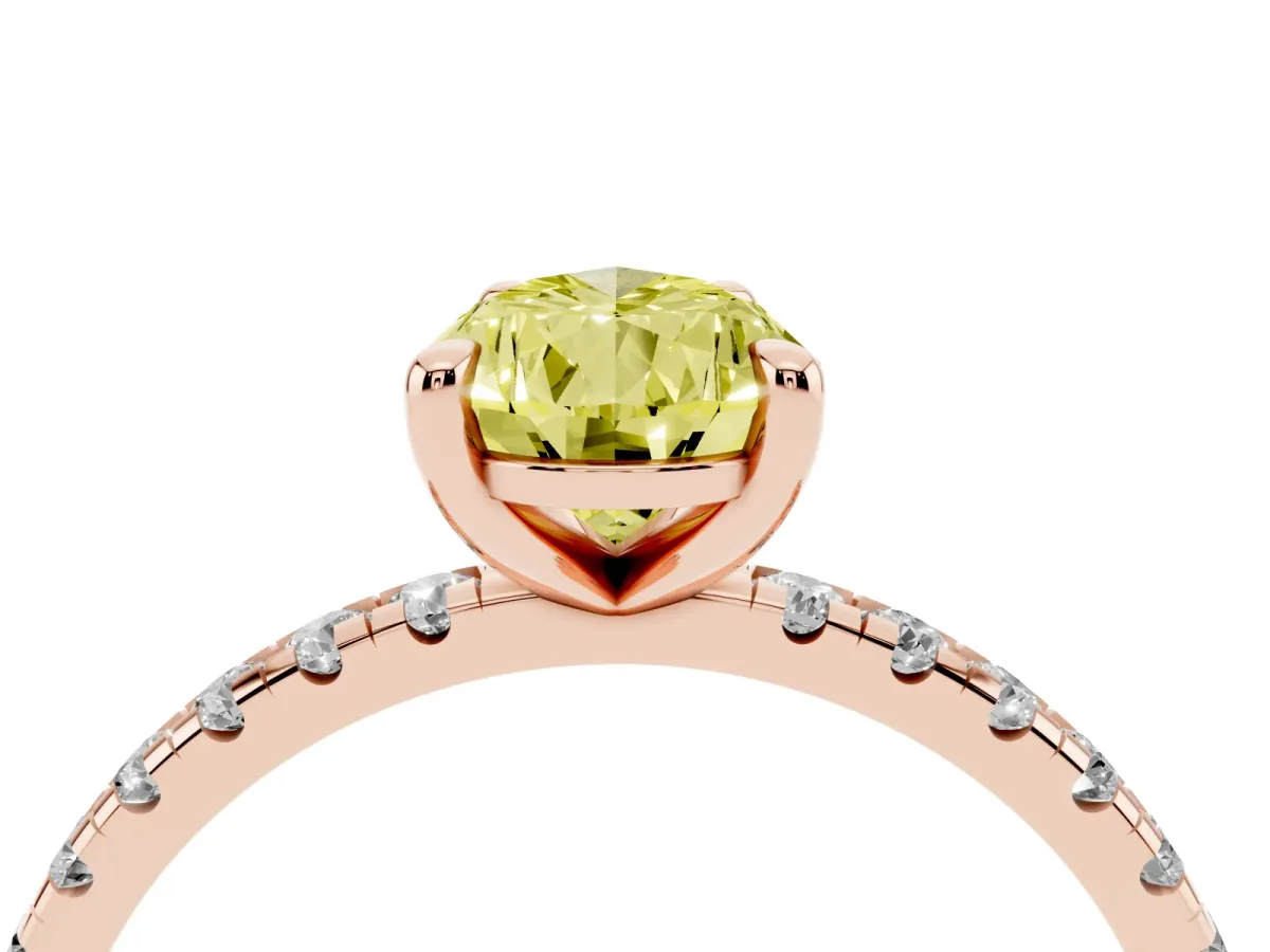 Fancy Yellow Pear Cut Diamond Brilliant Solitaire Ring with Pavé Band and Four-Prong Setting Rose gold