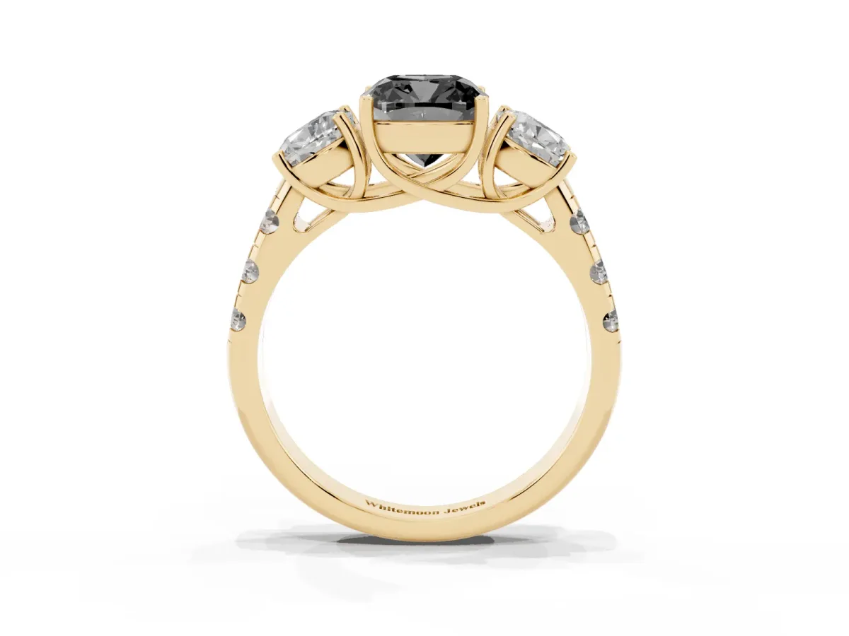 Fancy Black Three-Stone Cushion Cut Diamond Pavé Band with Prong Setting Yellow gold