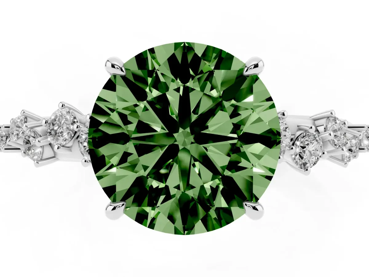 Fancy Green Round Cut Diamond Cluster Side Stone Solitaire Ring with Prong Setting Platinum