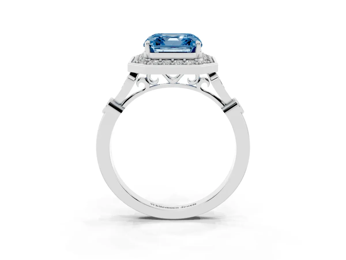 Fancy Blue Asscher Cut Halo Diamond Engagement Ring with Twisted Band and Four-Prong Setting White gold