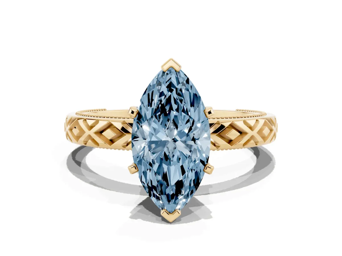 Fancy Blue Marquise Cut Solitaire Diamond Ring with Milgrain and Black Enamel X Pattern Band Yellow gold