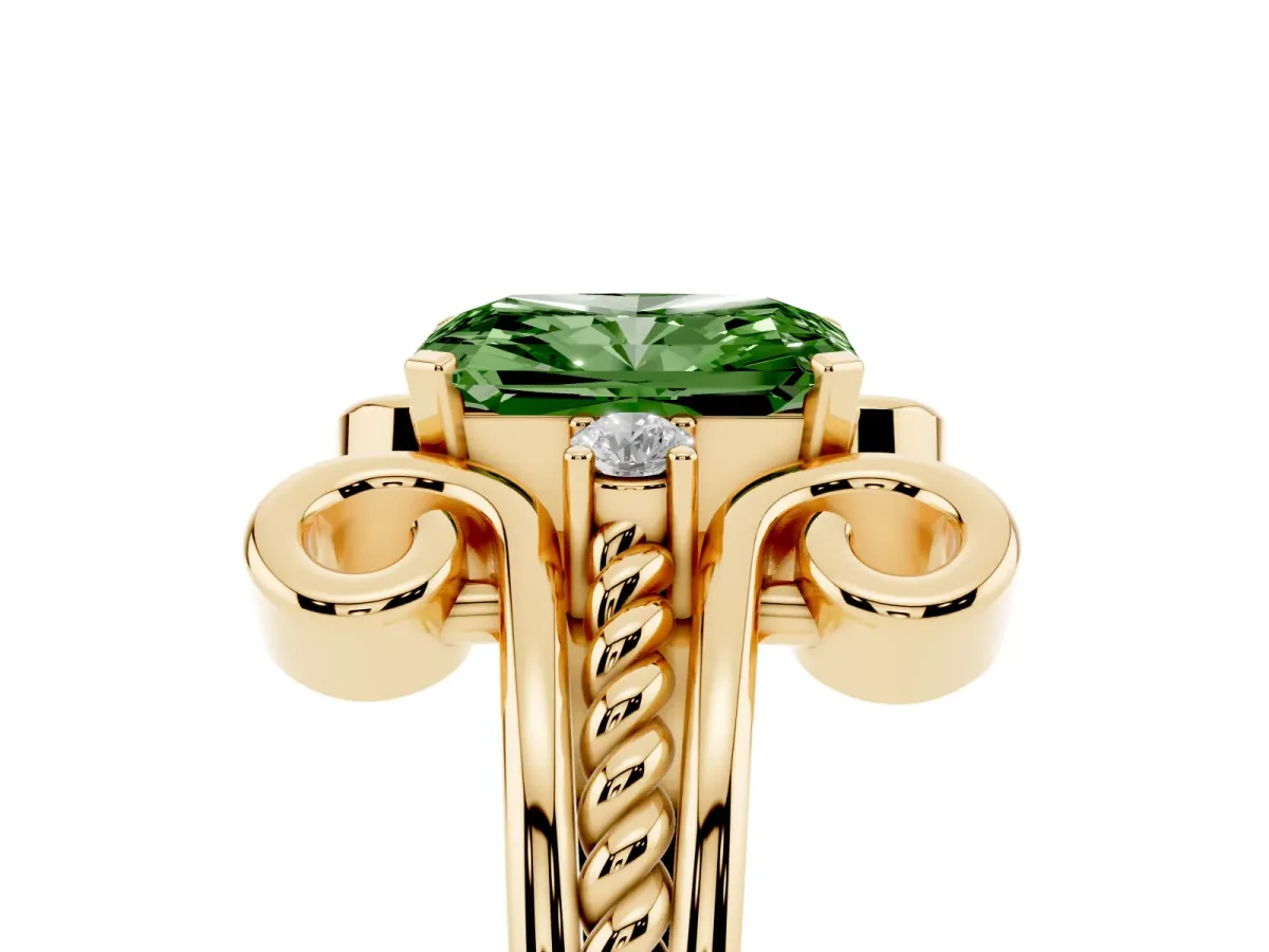 Fancy Green Radiant Cut Solitaire Twisted Band Scroll Prong Ring Yellow gold