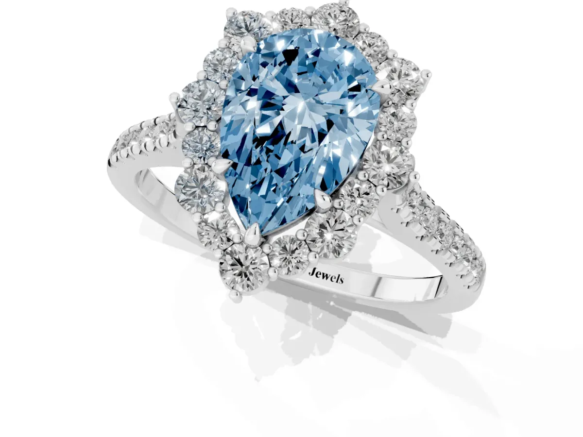 Fancy Blue Pear Cut Halo Diamond Ring with Pavé Band and Prong Setting Silver