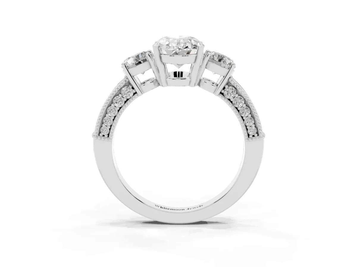 Oval Cut Three-Stone Diamond Ring with Pavé Band and Four-Prong Setting Silver