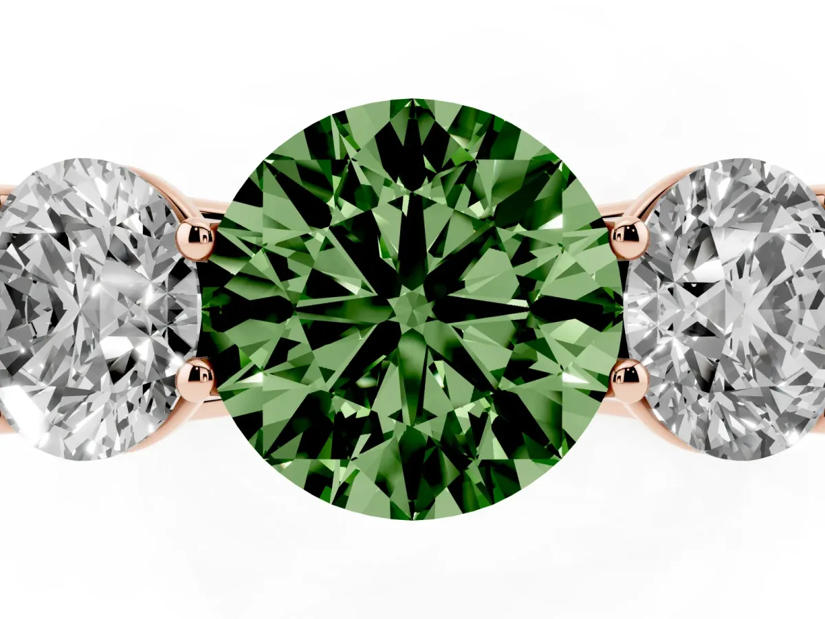 Fancy Green Round Cut Three-Stone Diamond Ring with Prong Setting on a Classic Band Rose gold