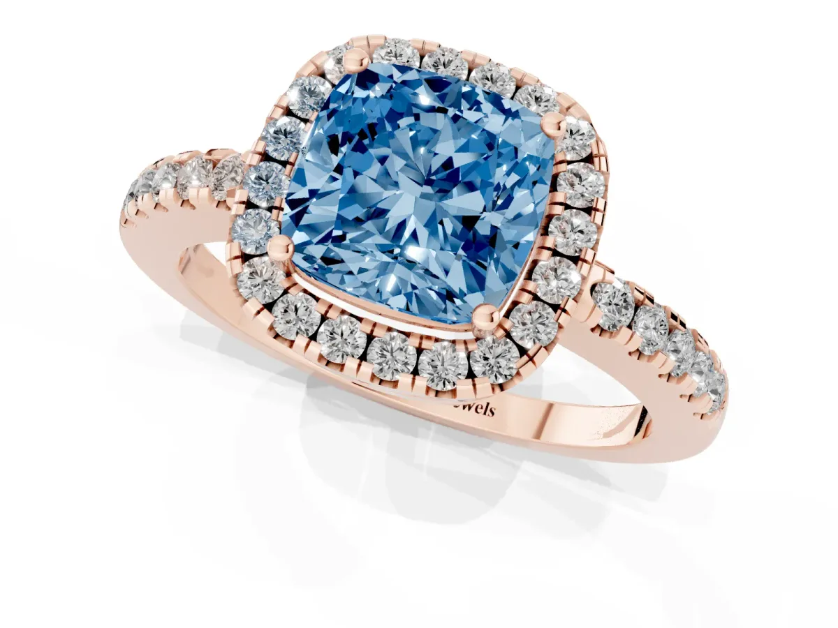 Fancy Blue Cushion Cut Halo Diamond Engagement Ring with Pavé Band and Four-Prong Setting Rose gold
