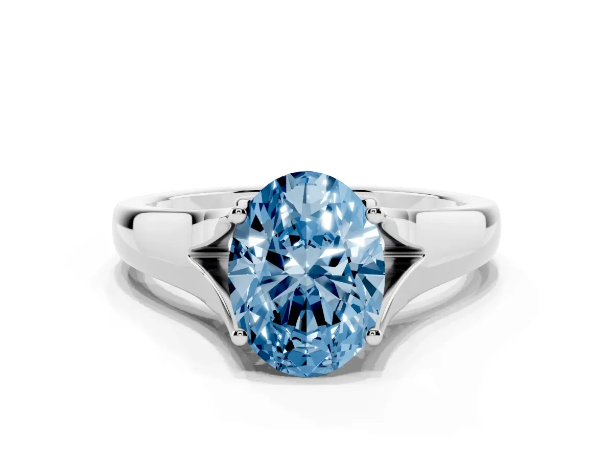 Fancy Blue Oval Cut Solitaire Diamond Ring with Cathedral Band and Four-Prong Setting Platinum