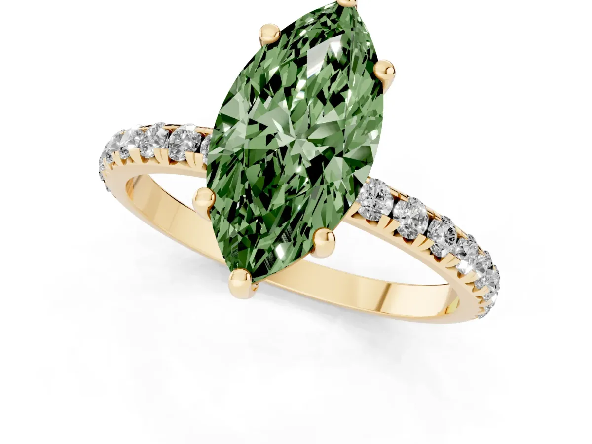 Fancy Green Marquise Cut Cut Diamond Solitaire Ring with Micro Pave Band and Four Prong Setting Yellow gold