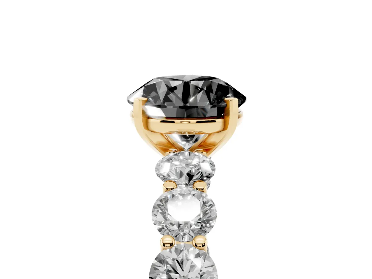 Fancy Black Round Cut Diamond Prong Setting with Side Stones on a Pave Band Yellow gold