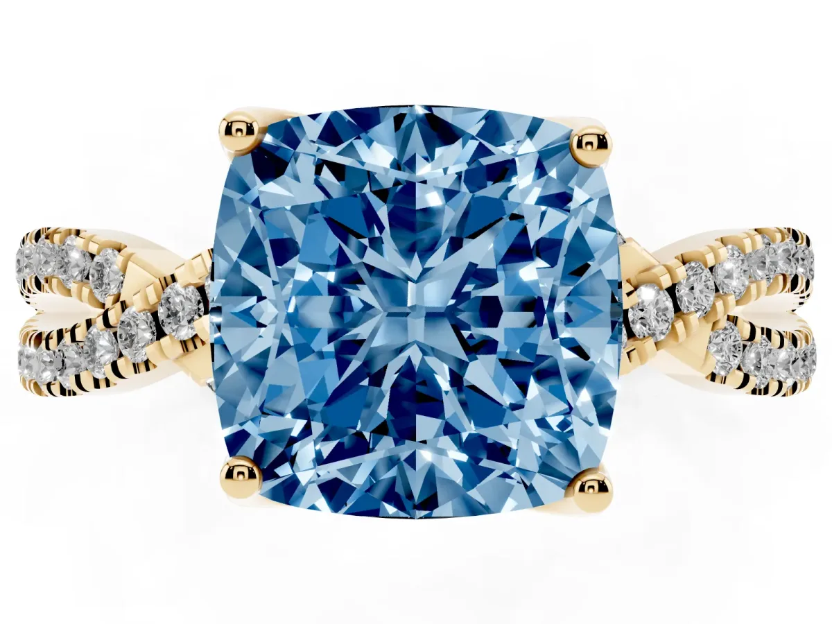 Fancy Blue Cushion Cut Solitaire Twist Pave Diamond Engagement Ring with Prong Setting Yellow gold