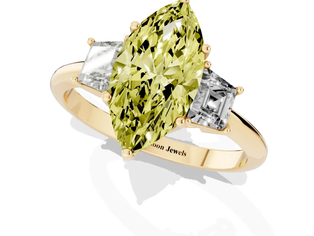 Fancy Yellow Marquise Cut Diamond Three-Stone Ring with Trapezoid Side Stones and Prong Setting Yellow gold