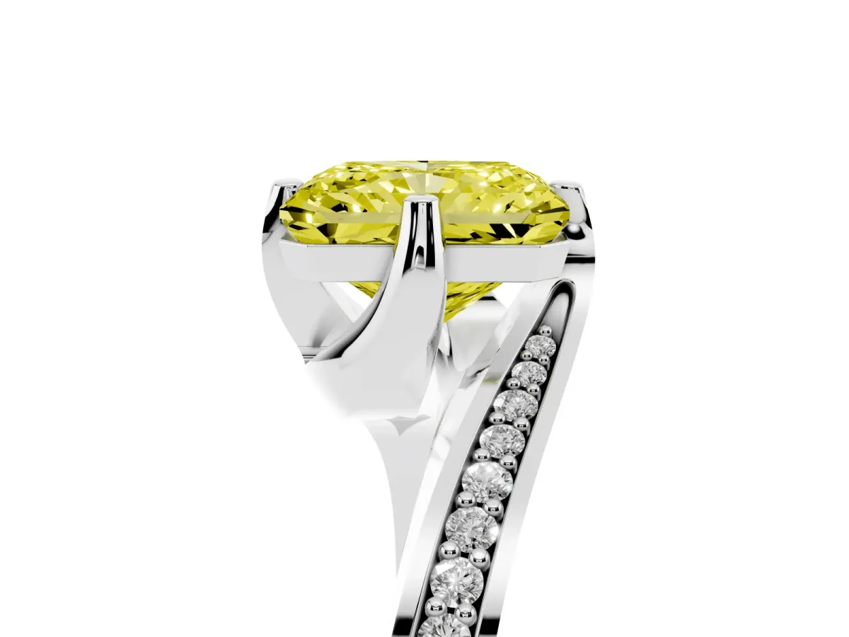 Fancy Yellow Radiant Cut Solitaire Diamond Twist Band with Pavé Setting and Four-Prong Setting Platinum