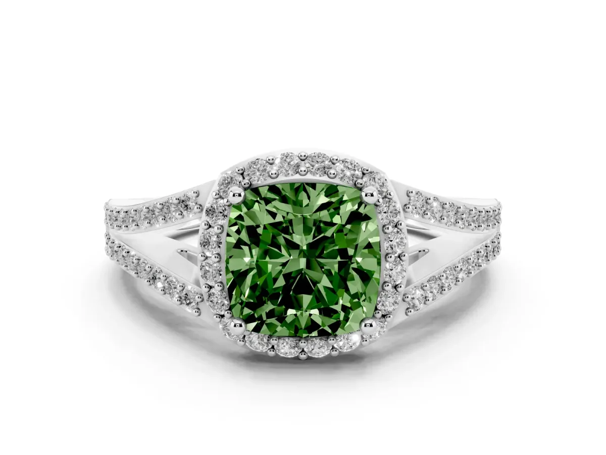 Fancy Green Cushion Cut Halo Split Shank Diamond Ring with Prong Setting Silver