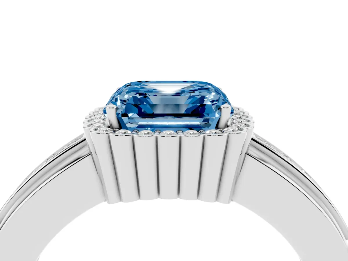 Fancy Blue Asscher Cut Cut Halo Pave Band Four-Prong Ring Silver