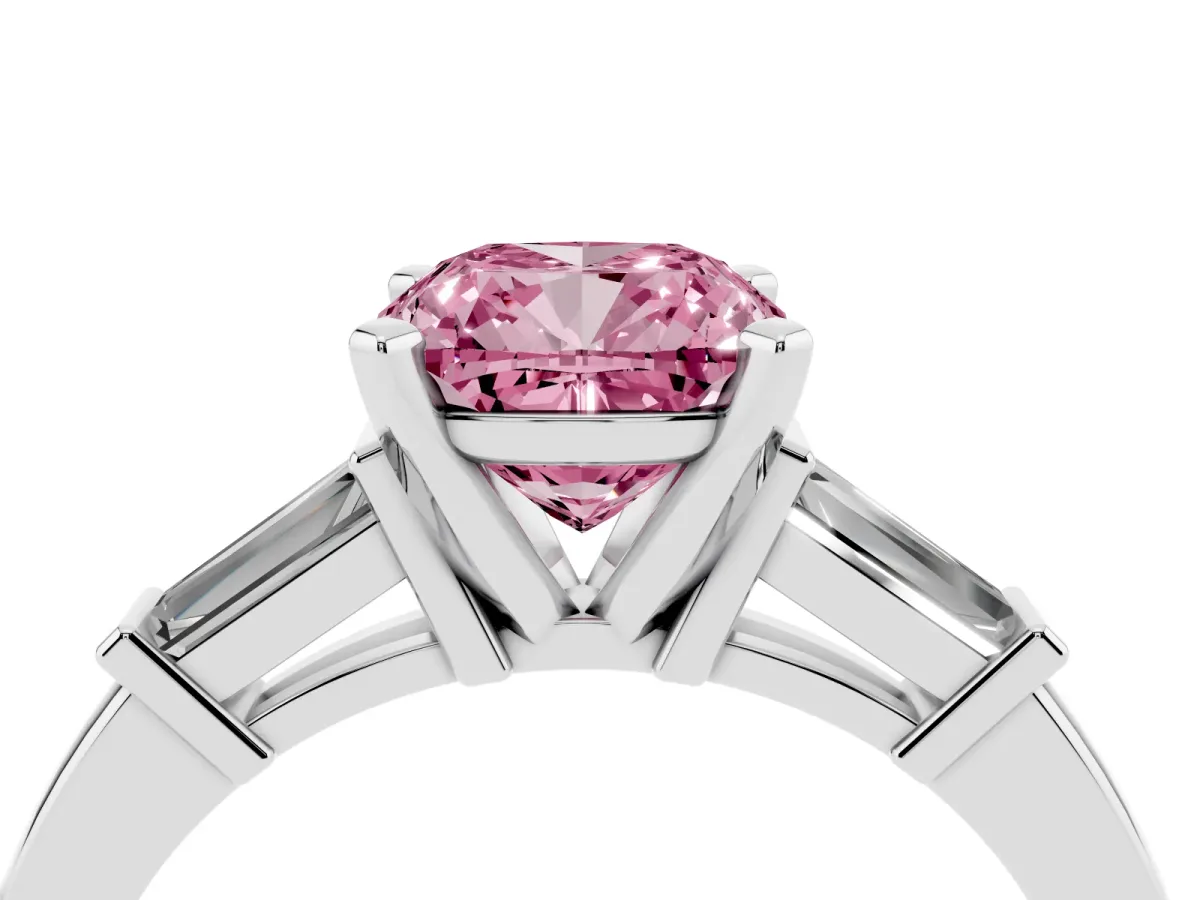 Fancy Pink Cushion Cut Cut Diamond Solitaire Ring with Tapered Baguette Accents and Four-Prong Setting White gold