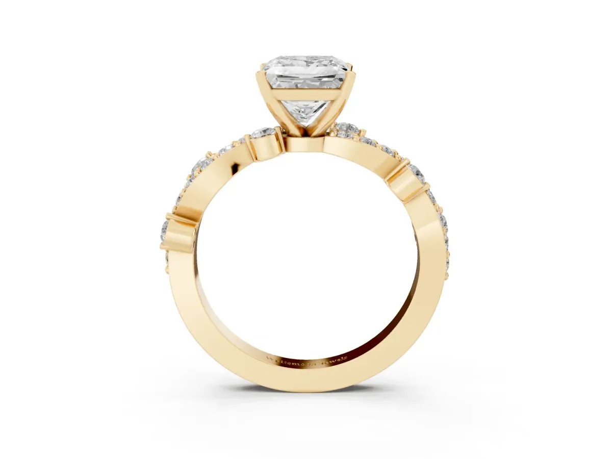 Princess Cut Cut Solitaire Diamond Twisted Band with Pave Setting Yellow gold