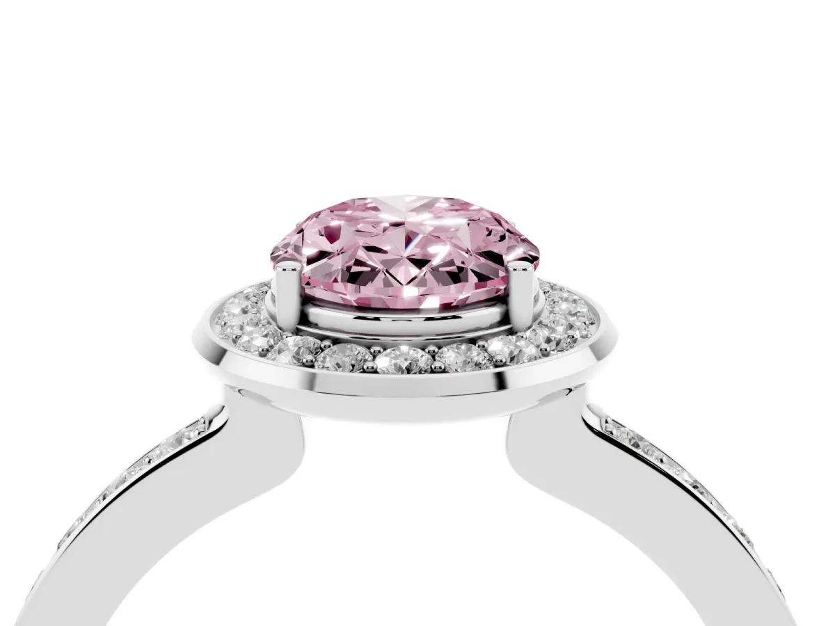 Fancy Pink Oval Cut Diamond Halo Ring with Bezel Frame and Pavé Band Silver