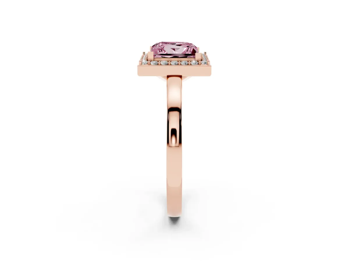 Fancy Pink Princess Cut Halo Diamond Ring with Solitaire Band and Prong Setting Rose gold