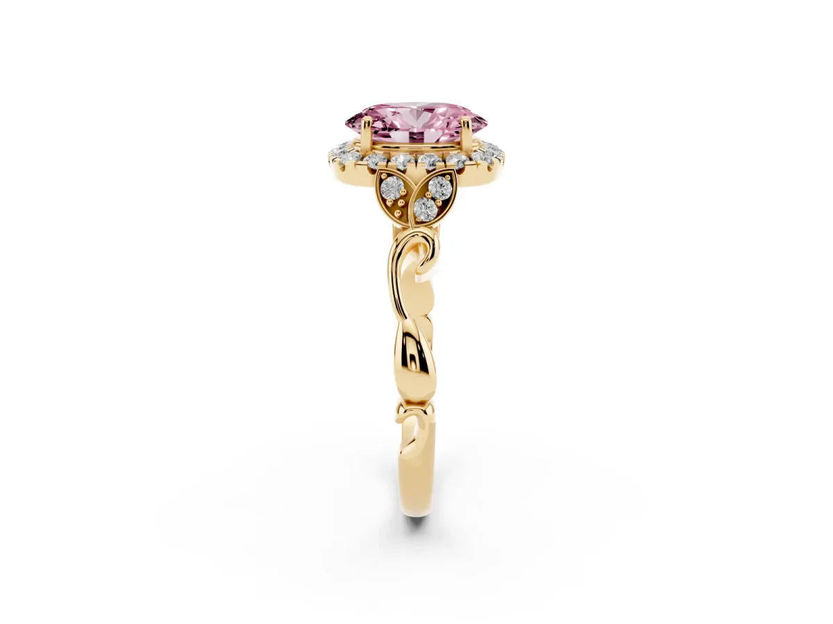 Fancy Pink Oval Cut Halo Diamond Engagement Ring with Vintage-Inspired Band and Four-Prong Setting Yellow gold