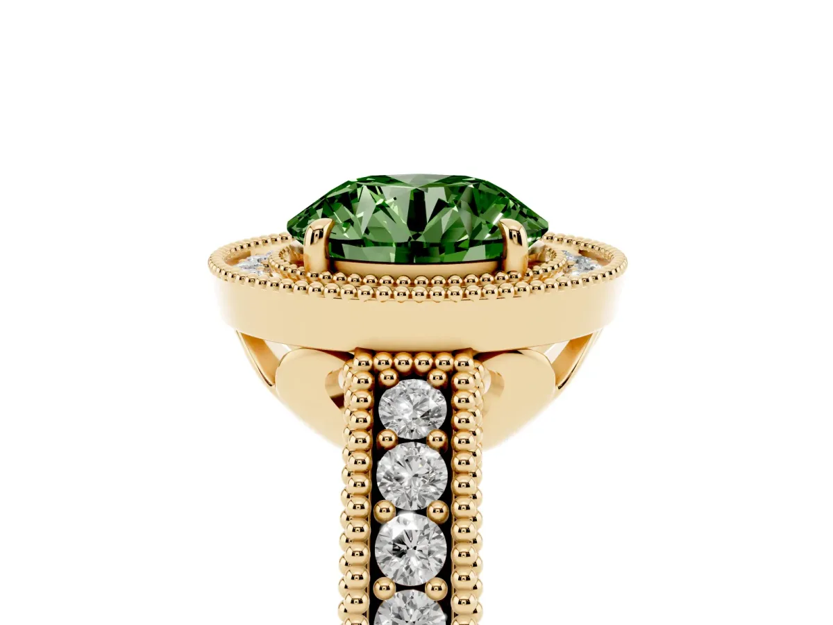 Fancy Green Round Cut Cut Halo Diamond Ring with Pavé Band and Four-Prong Setting Yellow gold