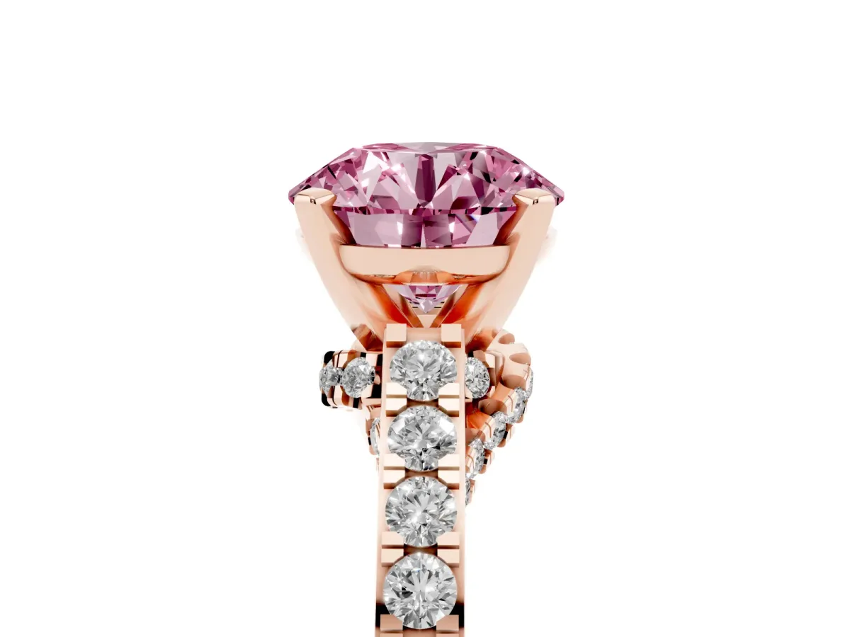 Fancy Pink Round Cut Diamond Solitaire Ring with Crossover Gallery and Round Pavé Band Rose gold