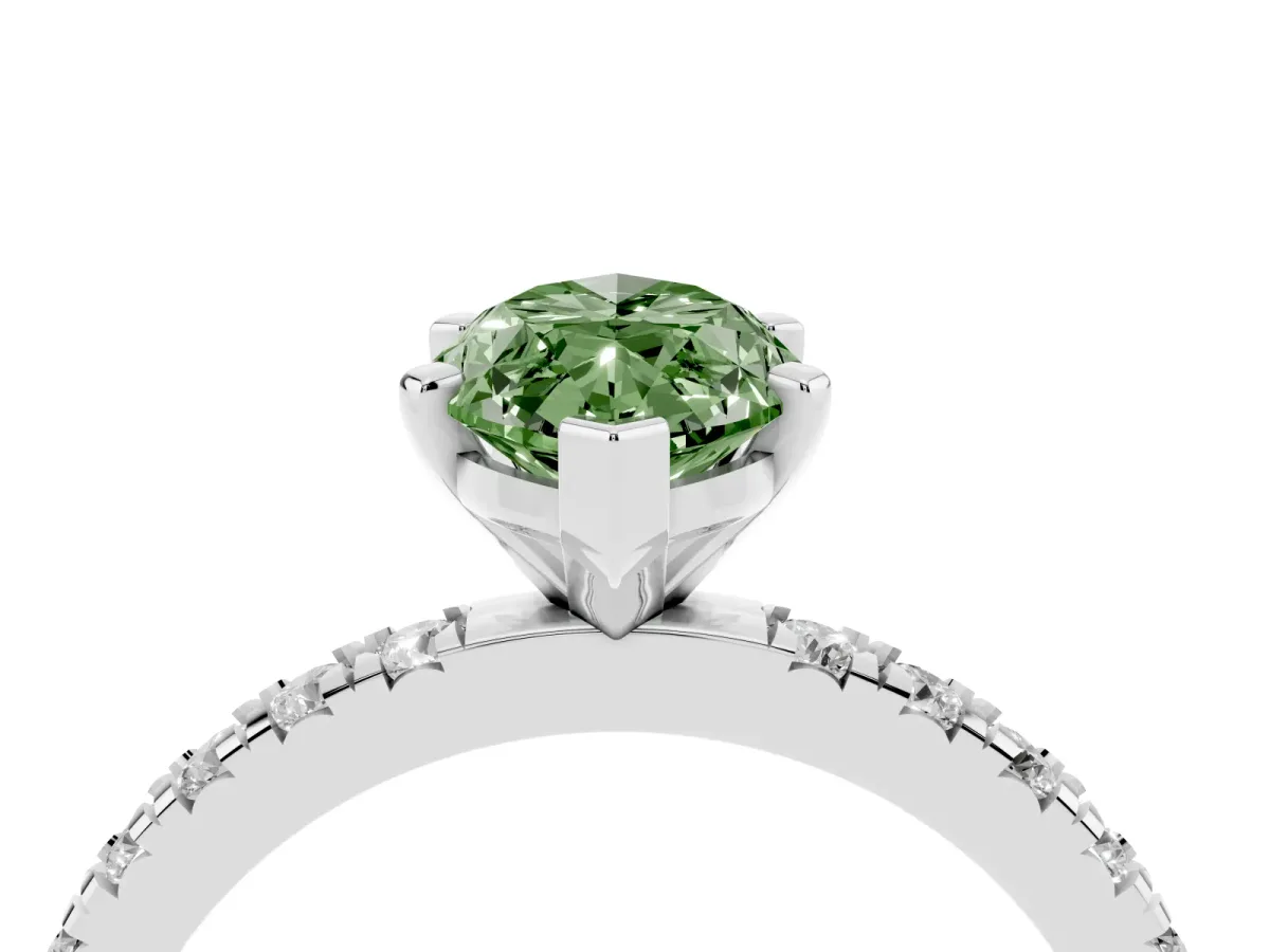 Fancy Green Marquise Cut Diamond Pavé Band Solitaire with Four-Prong Setting Silver