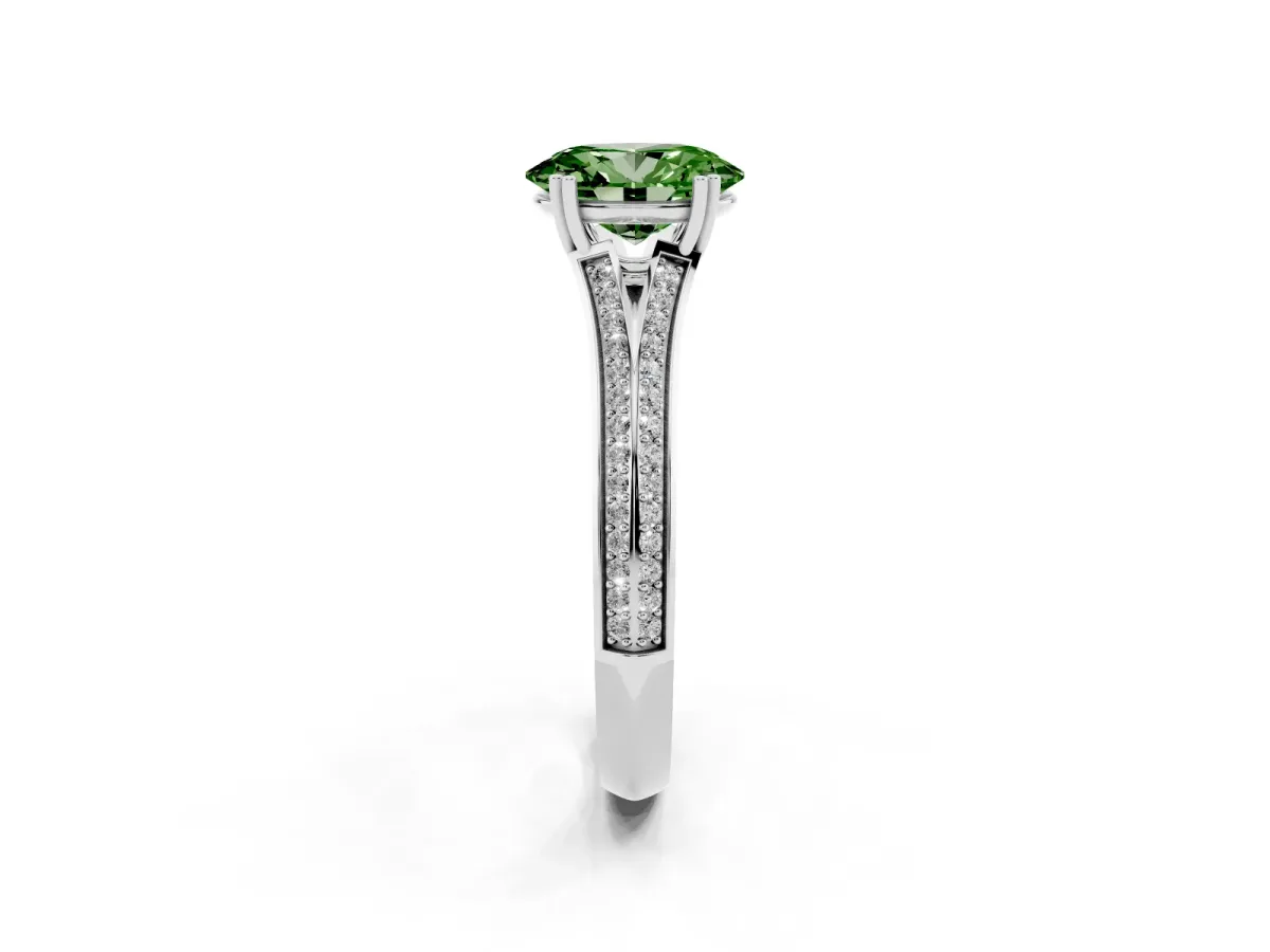 Fancy Green Oval Cut Diamond Split Shank Engagement Ring with Pavé Band Silver