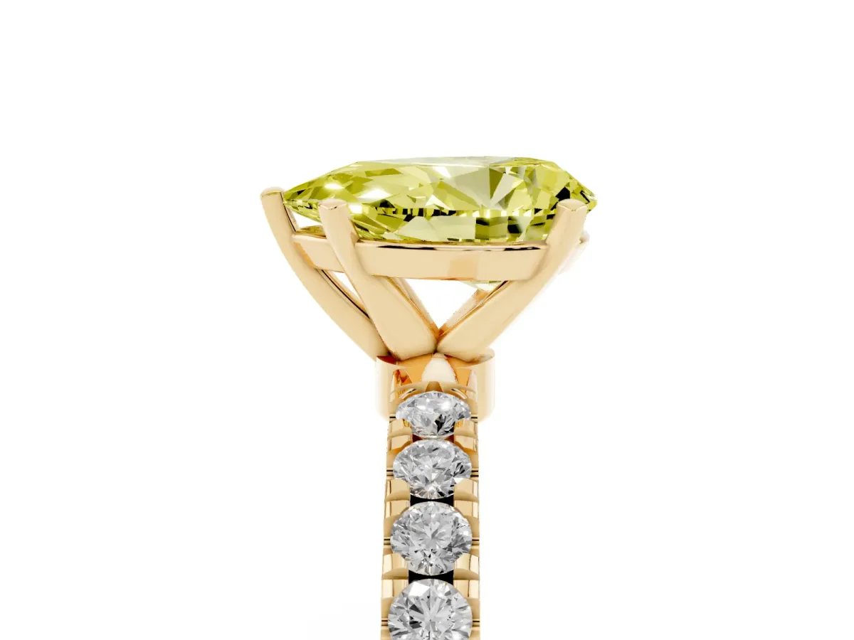 Fancy Yellow Pear Cut Diamond Solitaire Ring with Pavé Accents and Four-Prong Setting Yellow gold