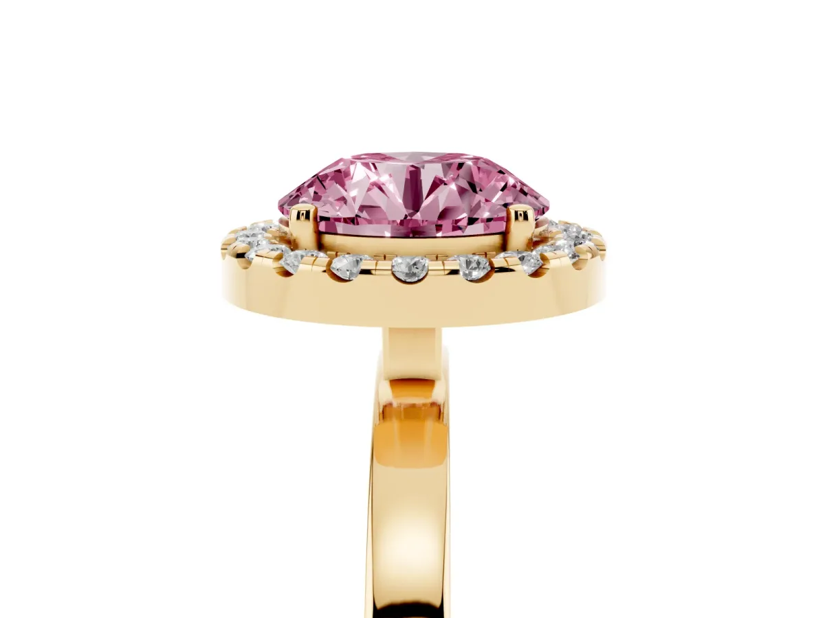 Fancy Pink Round Cut Halo Diamond Solitaire with Pavé Band and Four-Prong Setting Yellow gold