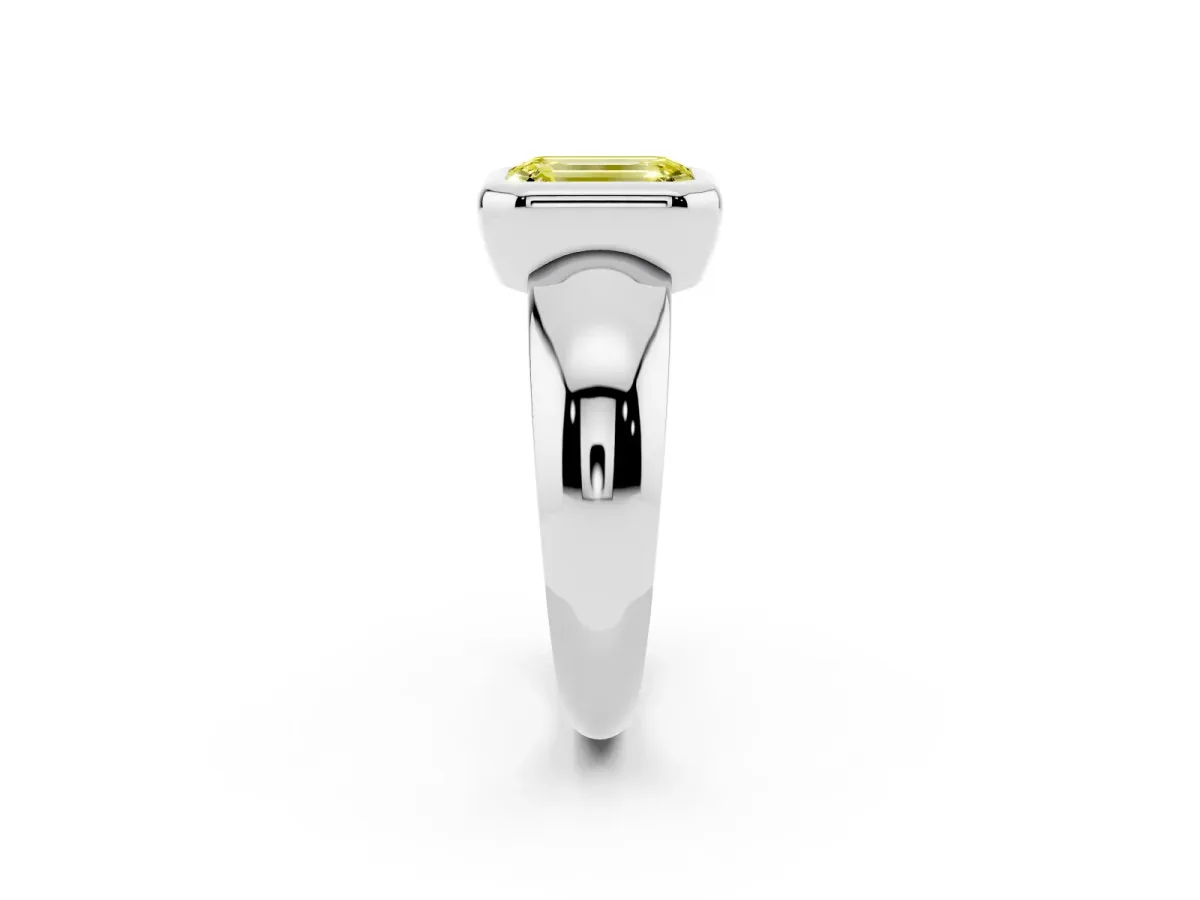 Fancy Yellow Bezel Set Emerald Cut Solitaire Ring with Wide Band White gold
