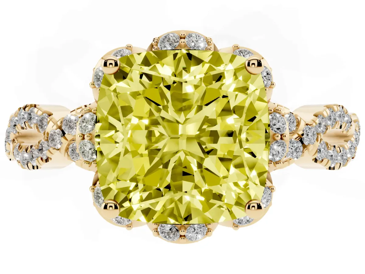 Fancy Yellow Cushion Cut Halo Twist Band Solitaire Ring with Six-Prong Setting Yellow gold