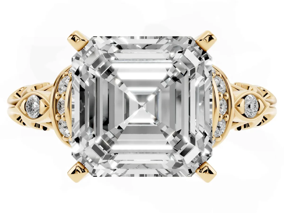 Asscher Cut Diamond Solitaire Ring with Filigree Band and Four-Prong Setting Yellow gold