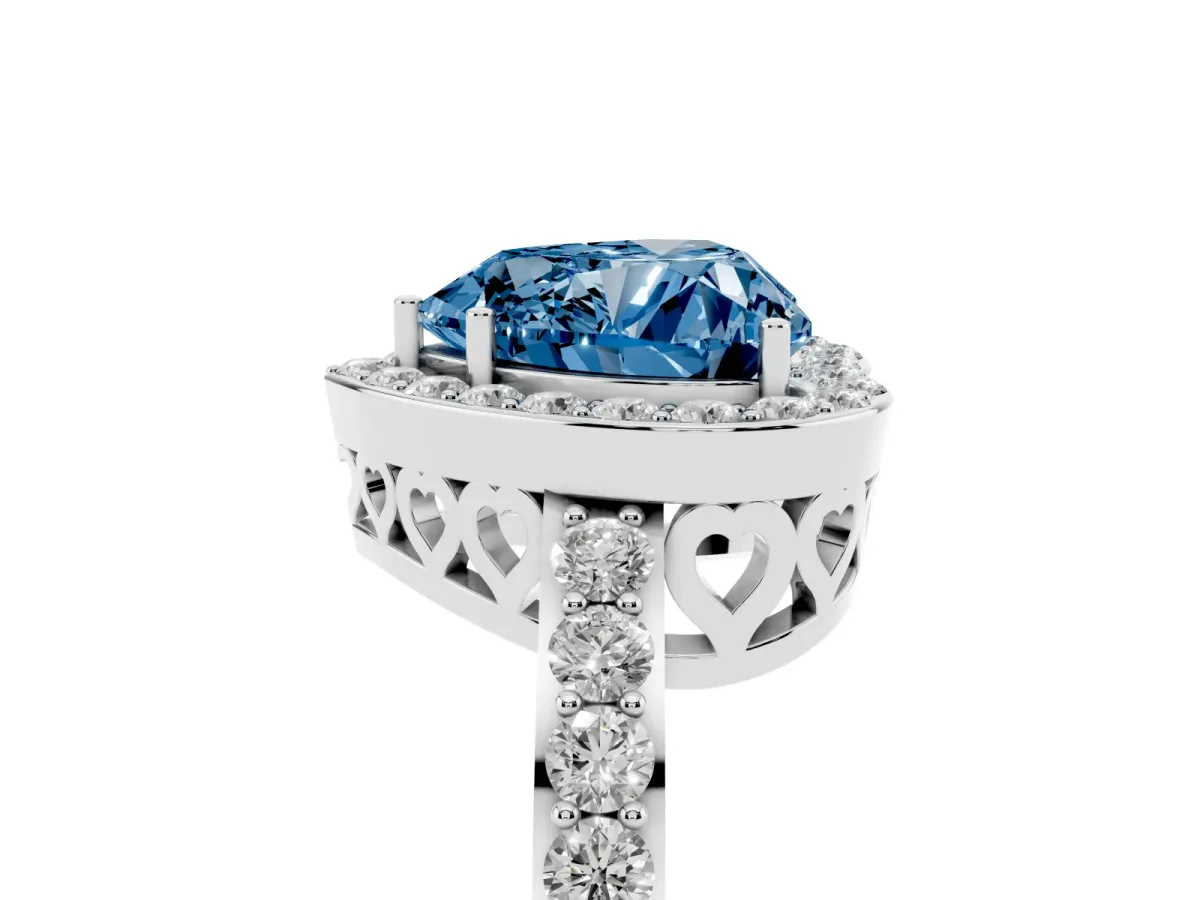 Fancy Blue Heart Cut Halo Diamond Pavé Band Ring with Prong Setting Silver