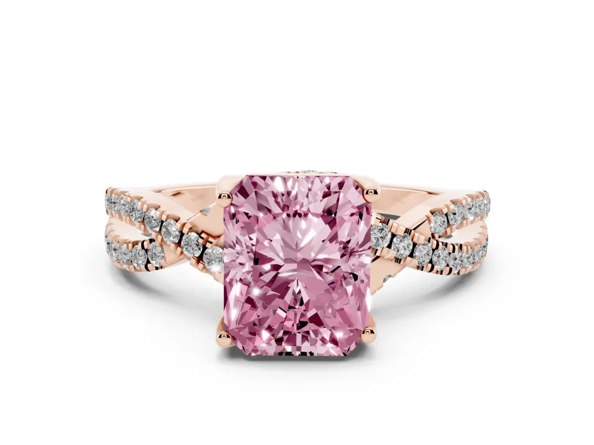 Fancy Pink Radiant Cut Solitaire Twist Pave Diamond Engagement Ring with Prong Setting Rose gold
