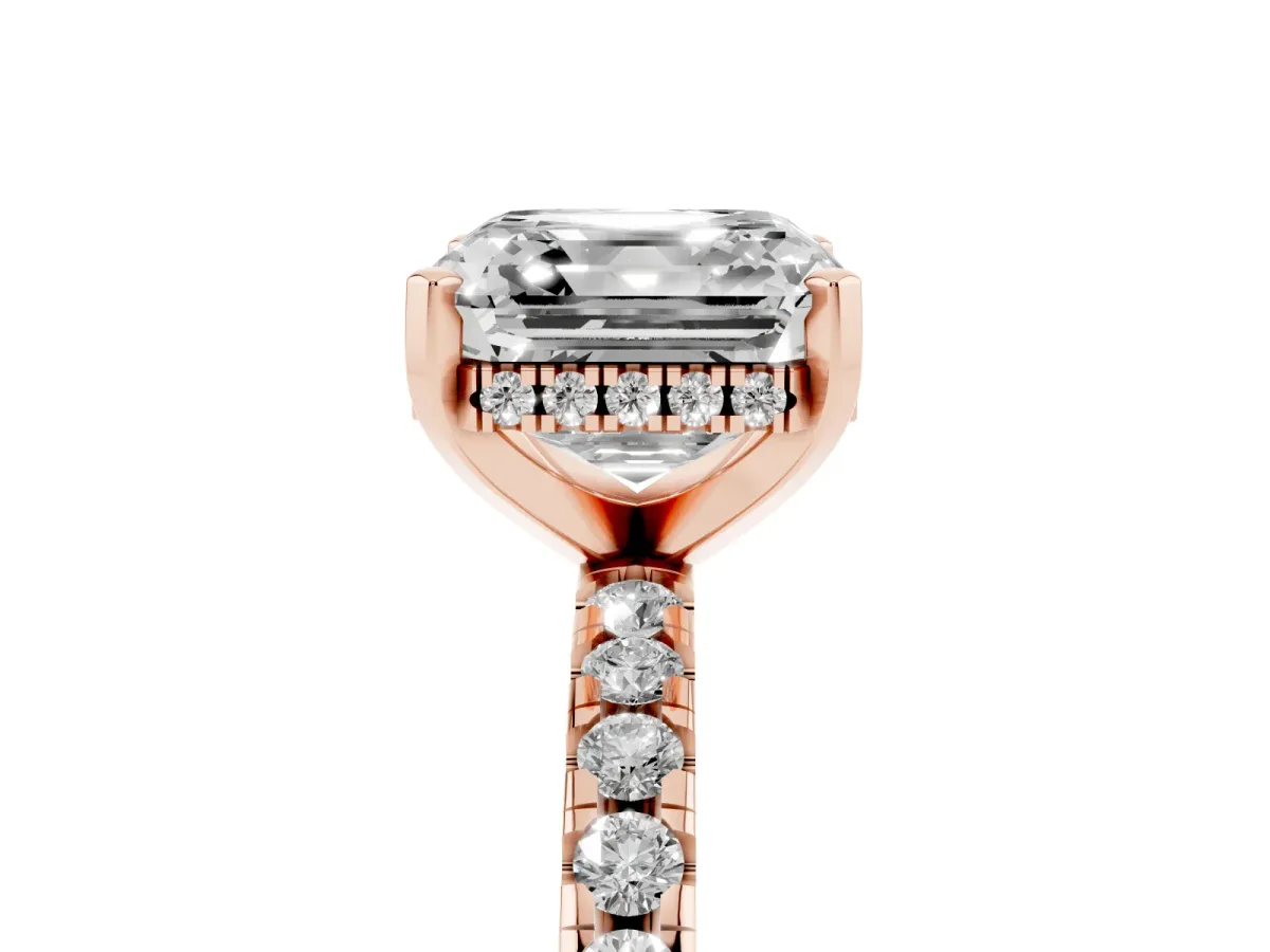 Asscher Cut Diamond Solitaire Ring with Round Pavé Band and Four-Prong Setting Rose gold