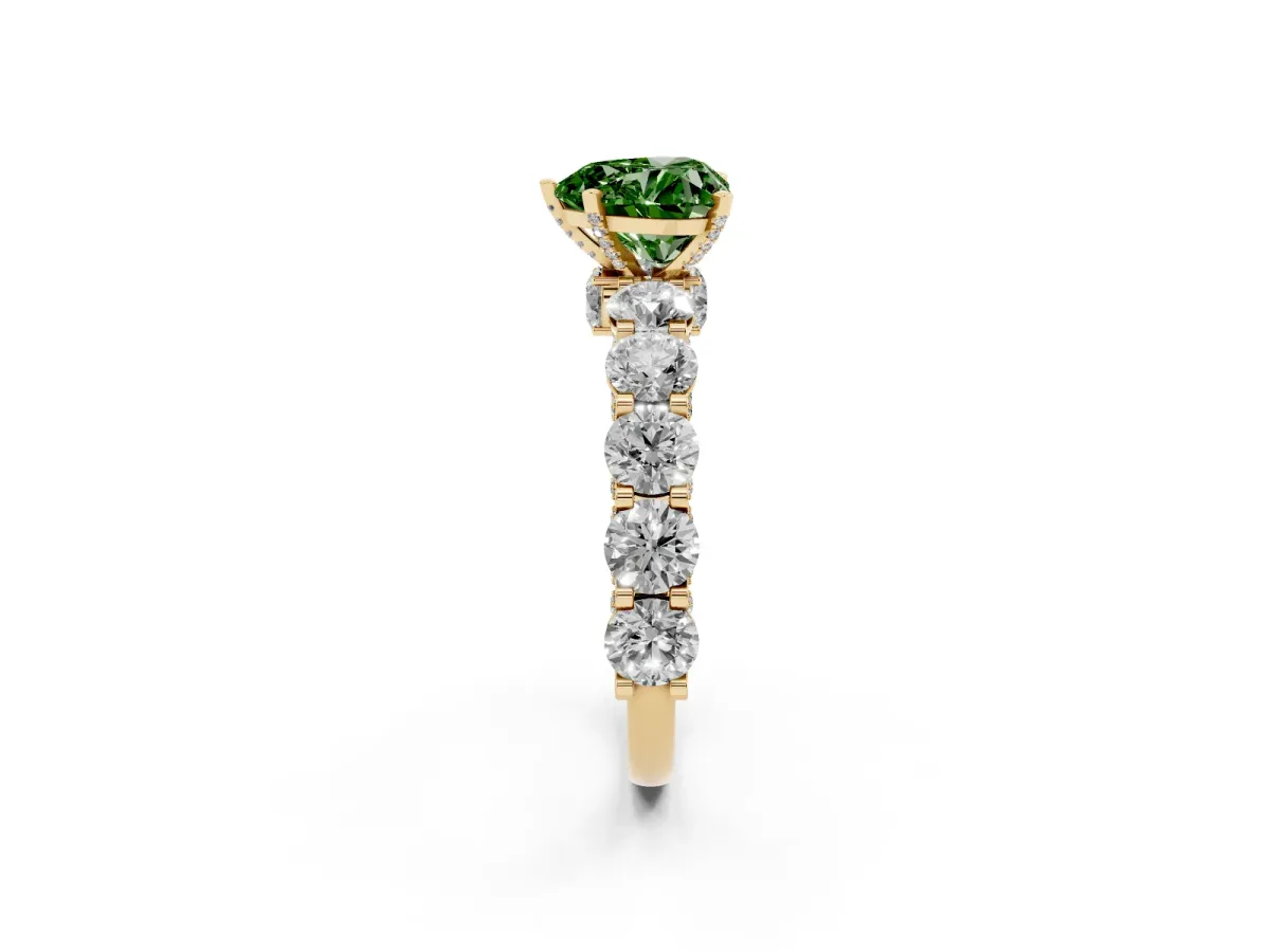 Fancy Green Heart Cut Diamond Side Stone Engagement Ring with Four-Prong Setting Yellow gold