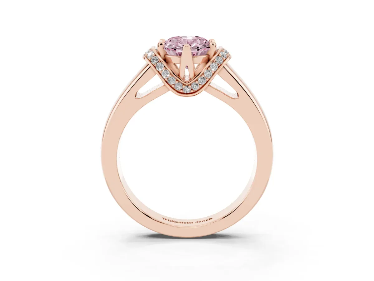 Fancy Pink Oval Cut Solitaire Diamond Ring with Pave Band and Six-Prong Setting Rose gold