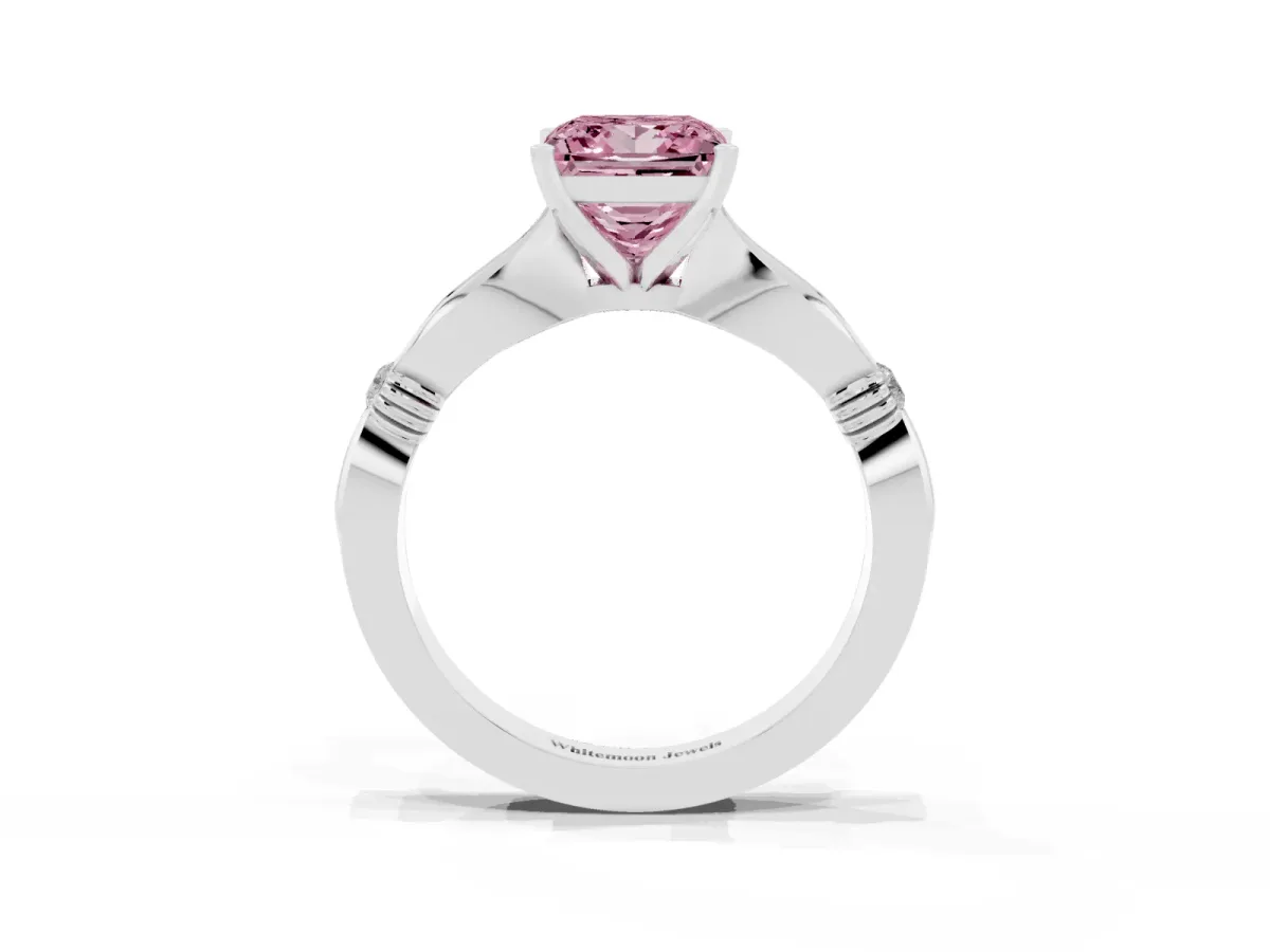 Fancy Pink Princess Cut Solitaire Diamond Twisted Band with Four-Prong Setting Silver