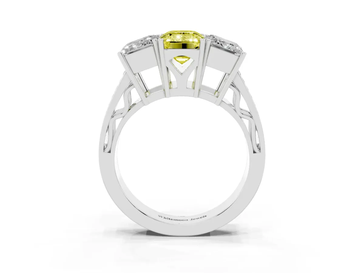Fancy Yellow Emerald Cut Diamond Three-Stone Ring with Prong Setting and Textured Band Silver