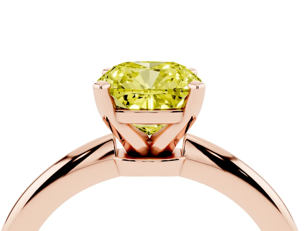 Fancy Yellow Cushion Cut Diamond Solitaire Ring with Prong Setting and Classic Band Rose gold