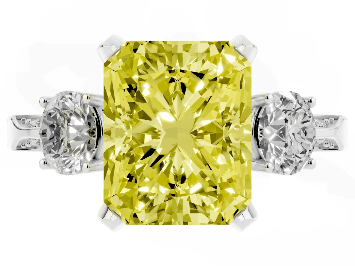Fancy Yellow Radiant Cut Brilliant Three-Stone Diamond Ring with Pavé Band and Four-Prong Setting White gold