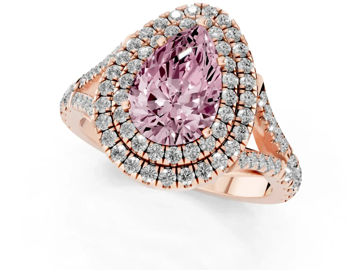 Fancy Pink Pear Cut Cut Double Halo Split Shank Diamond Ring with Prong Setting Rose gold