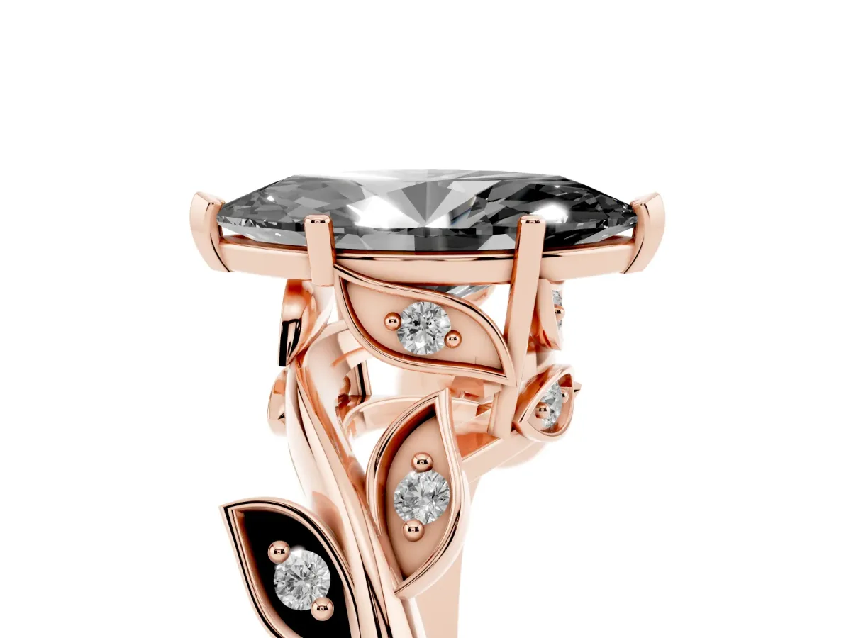 Fancy Black Marquise Cut Solitaire Twist Engagement Ring with Leaf Accents and Prong Setting Rose gold