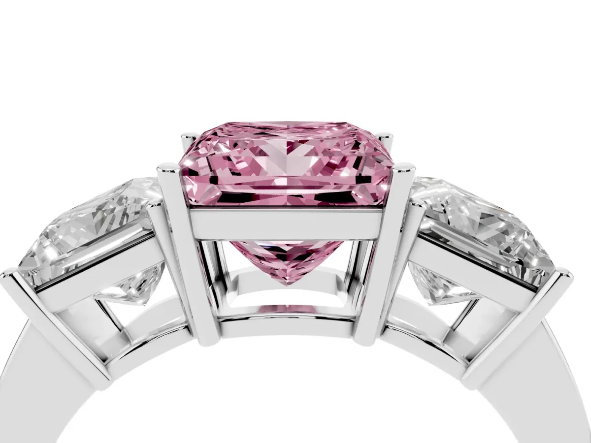 Fancy Pink Three-Stone Princess Cut Cut Diamond Engagement Ring with Flat Band and Four-Prong Setting White gold